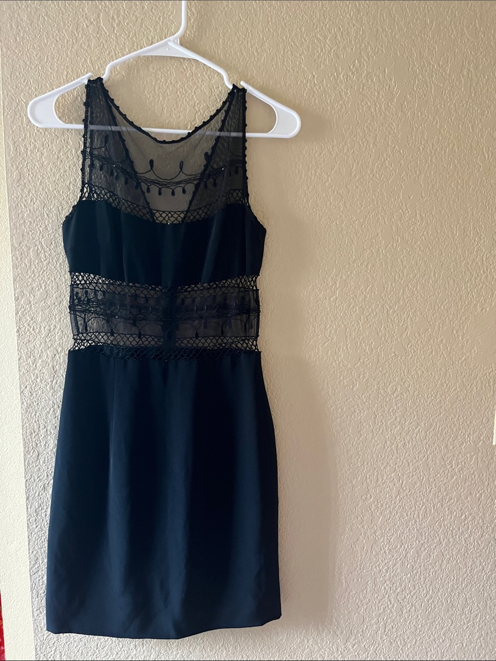 Cache Black Sheer Lace-Panel Mini Dress